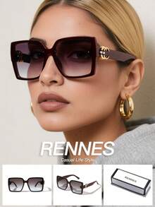 1 件女士休闲复古风格复古方形框架金属装饰时尚眼镜，适合搭配服装和送礼，春季新款太阳镜镜腿装饰优雅风格超大方形框架 - 彩色 - 查看 15