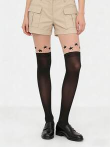 1 par de medias altas y sexys, adecuadas para chicas de moda, diseñadas con un patrón de estrellas en color albaricoque y negro, versátiles para varios estilos - Multicolor - Ver 2