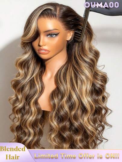 蕾丝前假发，真人混纺发，自然波浪，预先拔毛，无胶，200密度，女士真人混纺假发，预先拔毛，13x4高清蕾丝前假发，无胶，自然黑