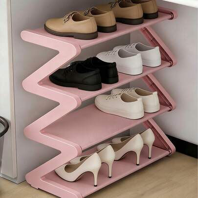 1pc 4-Tier Free Standing Shoe Rack - Z-Shaped Stackable Shoe Organizer, Metal Frame And Plastic Shelves, Tool-Free Assembly, 4kg Load Capacity, Suitable For Entryway, Living Room, Dorm, Space-Saving Floor Storage, Durable Home & Dorm Essential, Shoe Rack, Entryway Organizer, Modern Aesthetics, Sturdy Construction, Minimalist Design, Easy Assembly, Apartment Dwellers