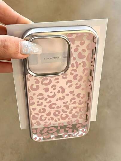 1个电镀奢华金属银色高透明粉色豹纹手机壳，适用于 17 Pro Max/16 Pro Max/15 Pro Max/17 Pro/17/16/15/14/13/12/11保护套