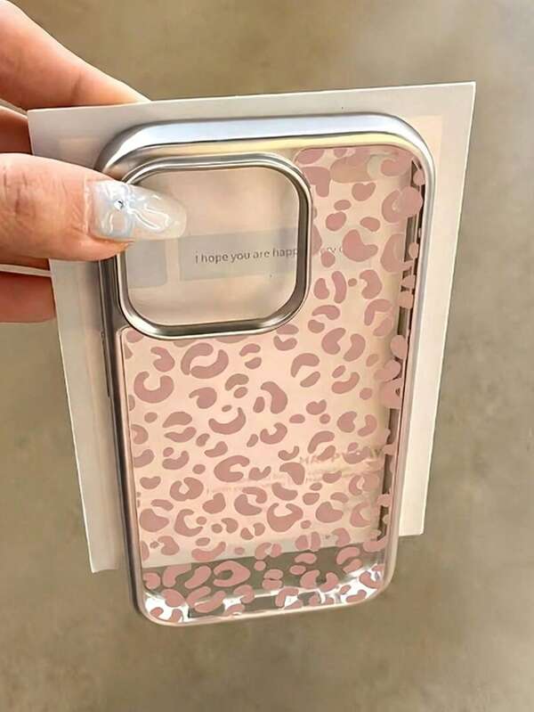 1个电镀奢华金属银色高透明粉色豹纹手机壳，适用于 17 Pro Max/16 Pro Max/15 Pro Max/17 Pro/17/16/15/14/13/12/11保护套