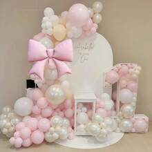 128pcs Pearl White And Pink Balloon Arch Garland Kit, Pearl White Beige With Pink Bow Foil Balloons For Women Wedding Bridal Babyshower Bachelorette Birthday Party Decorations - View 5