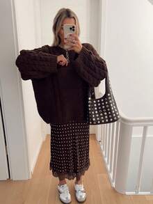 Women Satin Lace Trim Midi Skirt Polka Dot Print High Waist Long A-Line Skirts Vintage Silk Going Out Dress Y2k Streetwear Party Clubwear - 棕色-A - 查看 2
