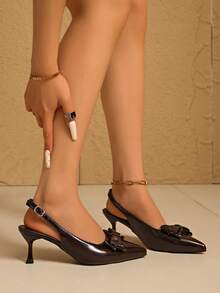 2026 Spring/Summer Gentle Lady-Like Brown Patent Leather Pointed Toe Bow Tie Ankle Strap 6cm Thin Heel Sandals, Versatile For Commute, Date, Party, Valentine's Day, Graduation, Suitable For All Occasions - Brown - View 5
