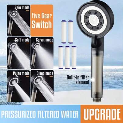 [Sản phẩm bán chạy] 1 vòi sen điều chỉnh 5 chế độ, súng sen tắm, vòi phun nước áp lực cao, vòi sen có bộ lọc, kèm theo 5 lõi lọc dự phòng, nhỏ gọn và di động, thích hợp cho xe RV, cắm trại, thiết bị tắm ngoài trời, phụ kiện phòng tắm. Không bao gồm ống dẫn và giá đỡ.
