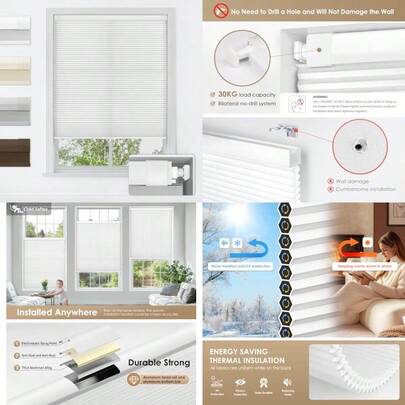 No Tools No Drill Cordless Cellular Shades Light Filtering Honeycomb Shades For Home Thermal Insulation Blinds For Windows 22" W X 36" H White