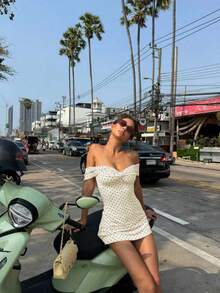 一件波点优雅露背迷你连衣裙，针织面料，夏季款 - 杏色 - 查看 5