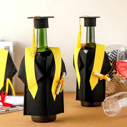 2/6件套毕业主题瓶盖和瓶塞 - 流苏装饰带，适用于毕业生学位服，黑黄相间大学庆典派对装饰，礼品包装套装，毕业派对装饰