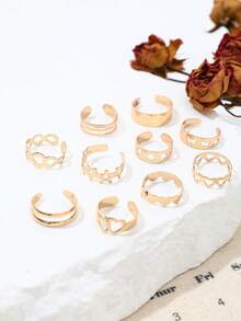 10件套星星、月亮、心形、蝴蝶可调节脚趾环，沙滩脚部饰品套装 - 金色 - 查看 5