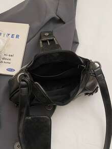 一套复古简约单肩包和腋下包，时尚机车风斜挎包，女士 - 黑色 - 查看 6