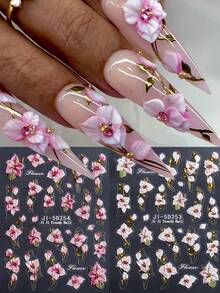 5D法式美甲贴纸 - 花卉几何爱心装饰，金色边框，樱花图案，自粘亚克力浮雕滑贴，美甲用品 | 精致美甲装饰 | 精致美甲 - 彩色 - 查看 14