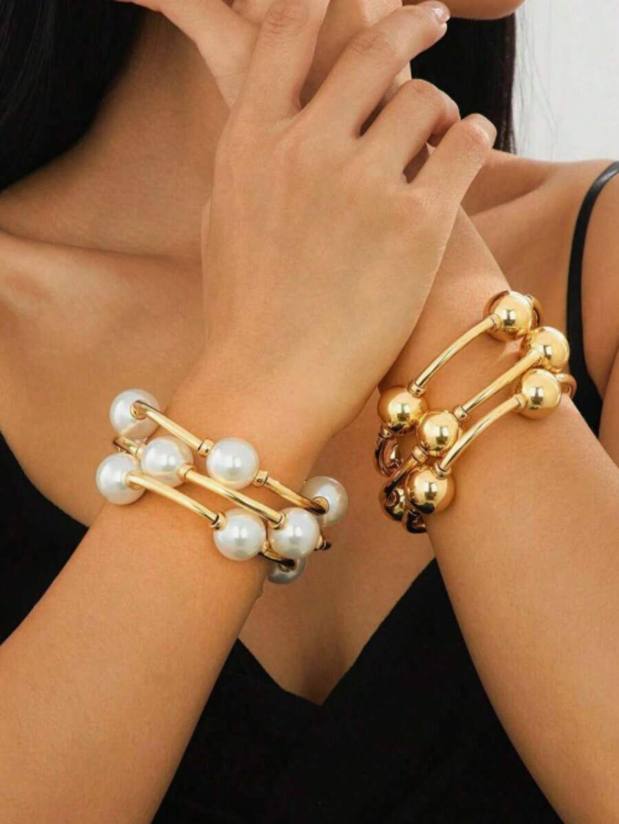 3pcs Vintage Faux Pearl Bracelet Set, European And American Style, Suitable For Women's Beach, Dating, Fashion Shooting, Holiday Decoration, Charming Jewelry Gift - Charming Bracelet - View 1