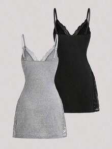 2 Pieces Of Lace Bow Decoration Romantic Side Camisole Vest Pajamas - XXL - 查看 4
