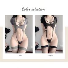 Ladies Sexy V Neck Fun Nightdress Underwear Anime Lingerie Cosplay Bodysuit Tie Top Set - Xám 996 - Xem 3