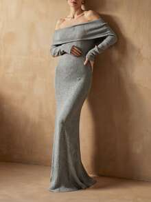 Đầm maxi dài tay ôm sát người màu xám mới dành cho nữ, kiểu dáng trễ vai, chất liệu dệt kim mềm mại, thoải mái, đa năng, thanh lịch, thích hợp cho các buổi tiệc, mùa Thu/Đông. - Xám - Xem 1
