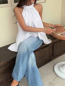 EARO 女士时尚白色露背荷叶边吊带背心，宽松褶皱夏季吊带背心，优雅百搭 - 白色 - 查看 8