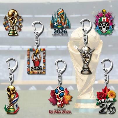 FIFA FIFA 8 piezas, 1 set Llavero de recuerdo del Tema de la Copa Mundial 2026, hecho de material acrílico de alta calidad con impresión de alta definición, patrón claro, color brillante y resistente a los arañazos, ligero y duradero con textura transparente, equipado con un anillo de metal resistente, se puede colgar en bolsos, mochilas, llaves, autos como colgante decorativo