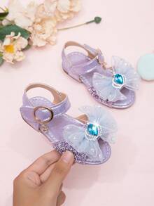 2026 Nuevas sandalias para niñas, zapatos de princesa para niños con lazo de strass, zapatos de playa para estudiantes de niña pequeña, verano - Morado - Ver 1