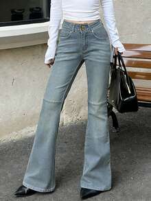 女式双排扣弹力金色纽扣喇叭牛仔裤 - 復古洗水藍 - 查看 2