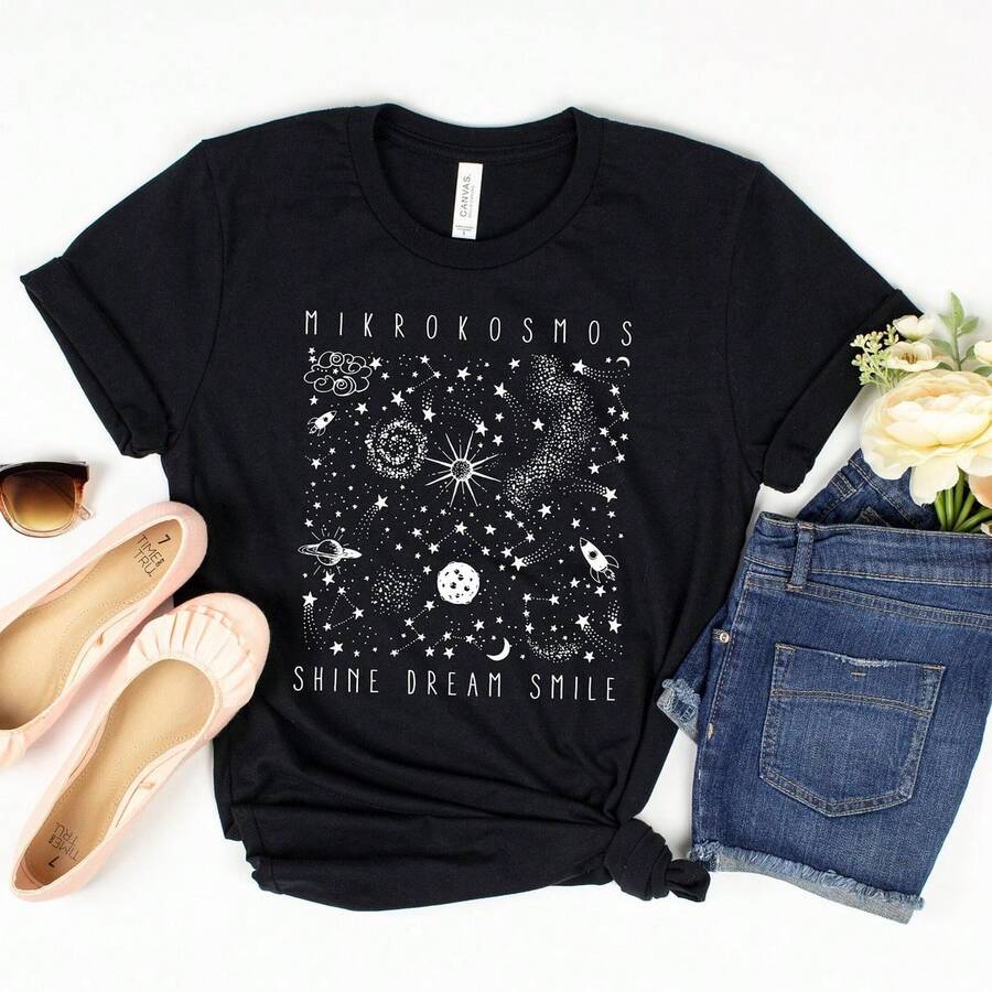 Mikrokosmos Graphic Shirt Shine Dream Smile Tee Twinkling Starlight Shirt Space Shirt Celestial Shirt Mikrokosmos ShirtM (1) - 黑色 - 查看 1