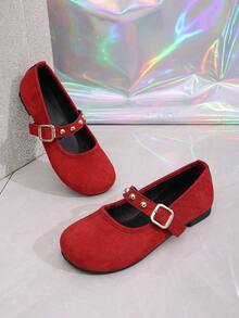 2026春季新款时尚女式麂皮玛丽珍鞋，金色铆钉方扣，软底圆头平底鞋，法式圆头浅口复古设计 - 紅色 - 查看 3