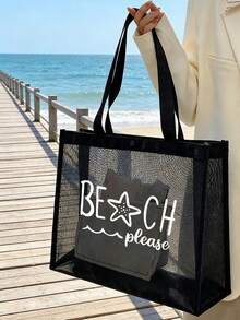 粉色网眼沙滩手提包，字母印花，附赠化妆包和时尚眼镜，网眼化妆包可装口红和粉扑，便携式沙滩包，夏季必备 - 彩色 - 查看 5