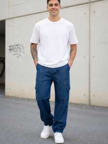 Men's Dark Denim Cargo Pants With Drawstring Waist And Slight Stretch, Unisex Long, Loose-Fitting Casual Streetwear Skate Pants. - 深色牛仔褲 - 查看 4