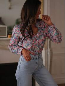Blusa da donna con collo a balze e maniche a palloncino, motivo floreale, camicia casual, adatta per primavera ed estate, ideale per vacanze - Multicolore - Visualizzare 5