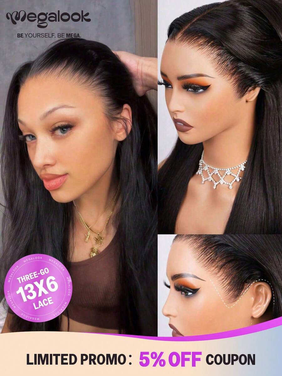 MEGALOOK 13x6 第三代无缝直发100%真人发假发，耳到耳蕾丝前额，预先拔毛，预先漂白，微结工艺，无需胶水，透明蕾丝，自然黑色，180%密度，18-30英寸，适合初学者，外观自然，日常佩戴，万圣节，派对，Y2K，节日，度假，户外活动，角色扮演，学校，庆典，圣诞节，婚礼，女士专用 - SNatural - 查看 1