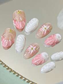 A Set Of 10 Short Almond-Shaped Delicate Wearable Nails Featuring Y2K Hand-Painted Three-Dimensional Shell Ocean Mermaid Tail Metal Stars And Golden Steel Ball Nail Decorations. These Stylish Nail Accessories Make Fingers Appear Longer And Exude An Elegant And Sophisticated Charm Suitable For All Seasons And High-End Fashion. Ideal For Music Festivals - Multicolor - View 1