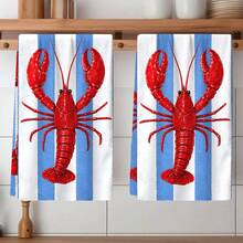 2pcs Striped Towels, Lobster & Sardine Printed Dish Cloths, Super Absorbent Microfiber Decorative Towels, Suitable For Holiday Decoration, Cooking, Baking, Housewarming Gifts And Cleaning Supplies, Applicable To Kitchen, Bathroom, Toilet - Multicolor - View 3