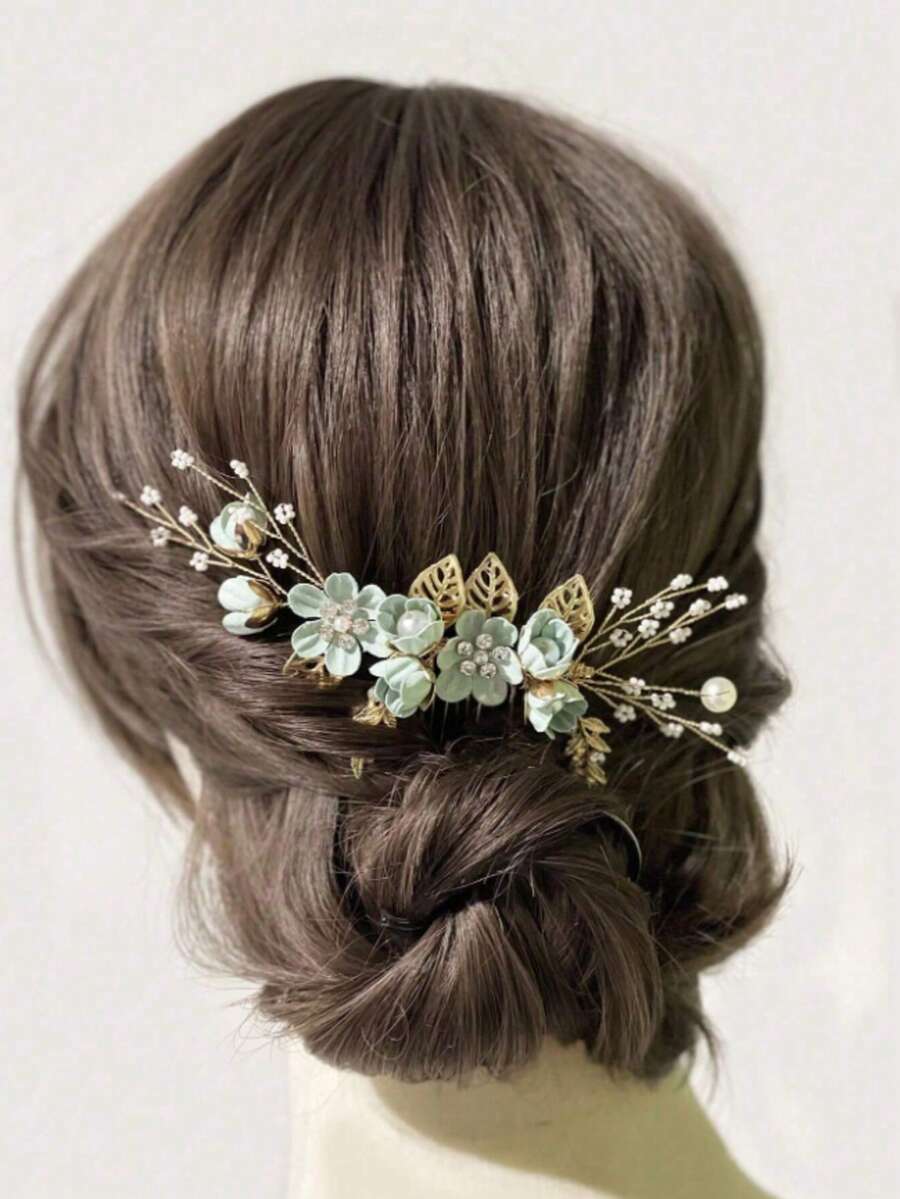 1pc Women's Handmade Golden Thread Light Green Flower & Pearl Hair Comb Accessory,Summer,Beach,Wedding - Green - View 1