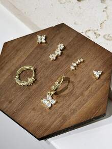 Shescity 6pcs Fashionable Delicate Micro-Inlaid Cubic Zirconia Floral Creative Versatile Women Earrings Set - Gold - View 4