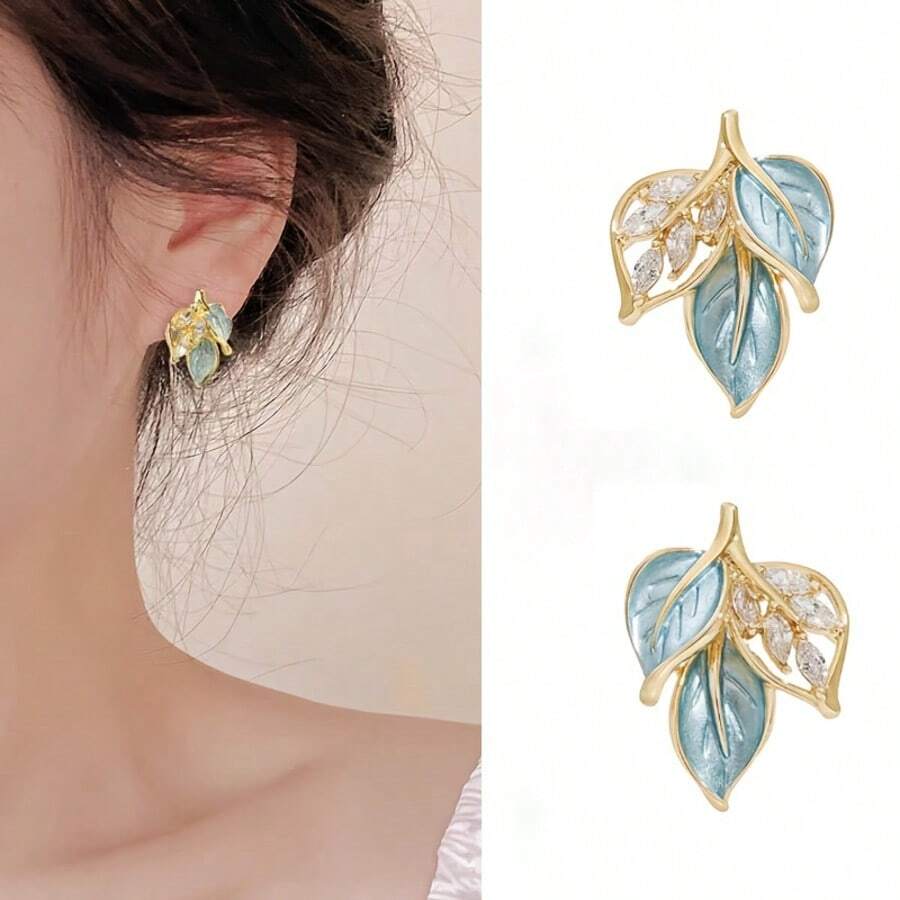 1pair, Premium And Unique Oil Drop Leaf Earrings, Fashionable And Niche Artistic Versatile Earrings - Multicolor - View 1