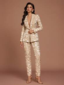Casual Fashion Solid Color All Over Printed Long Sleeve Suit Jacket And Pants Ladies Suit Set - Apricot - View 1