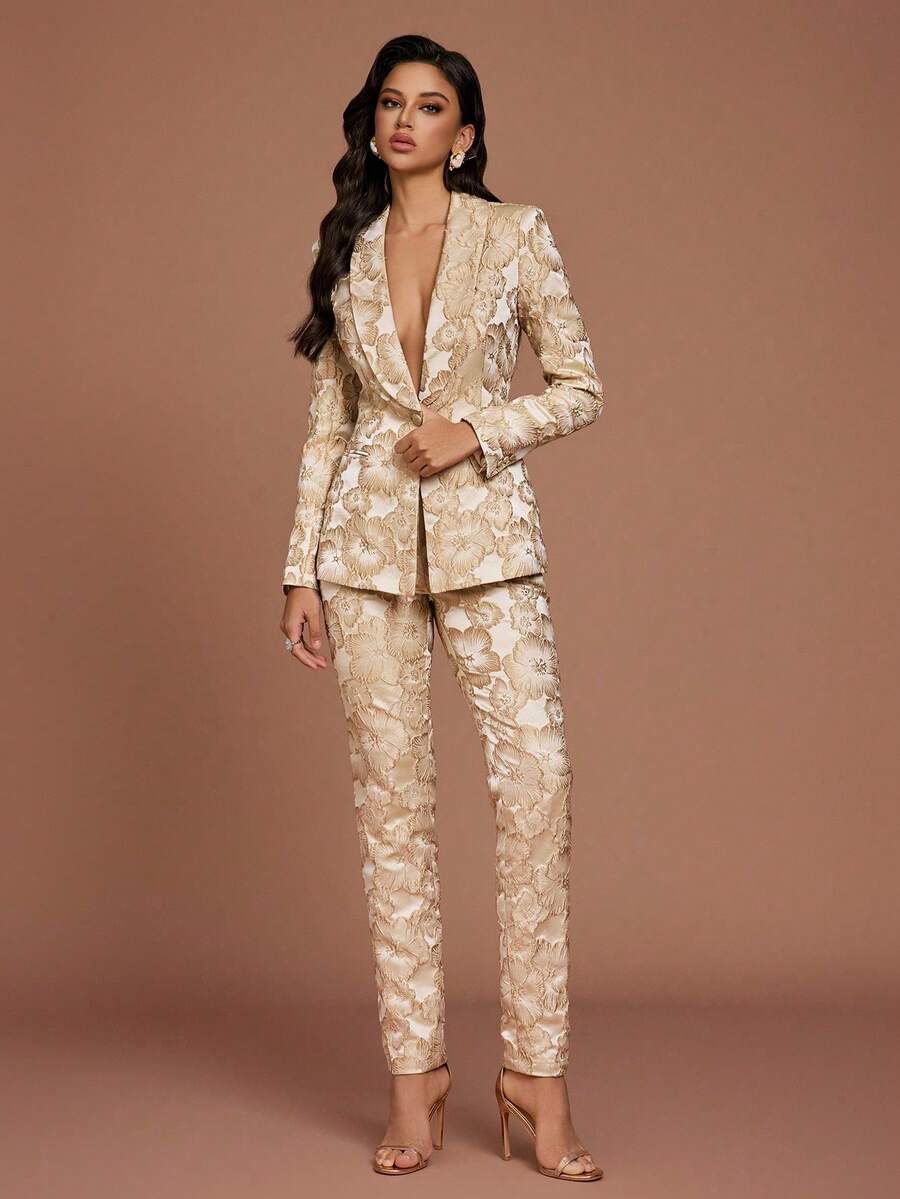 Casual Fashion Solid Color All Over Printed Long Sleeve Suit Jacket And Pants Ladies Suit Set - Apricot - View 1