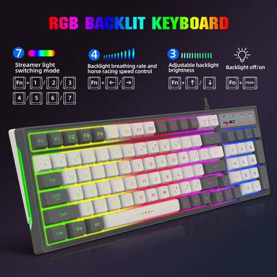 Teclado de juego con cable V600 de 96 teclas bicolor gris y blanco, sensación mecánica con retroiluminación RGB de membrana