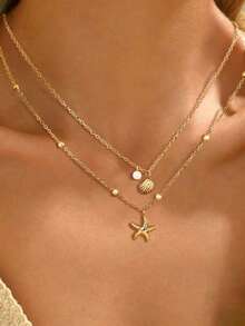 一套女士可调节贝壳和海星仿珍珠吊坠项链，适合夏季海滩、日常佩戴、生日礼物、友谊礼物 - 彩色 - 查看 2