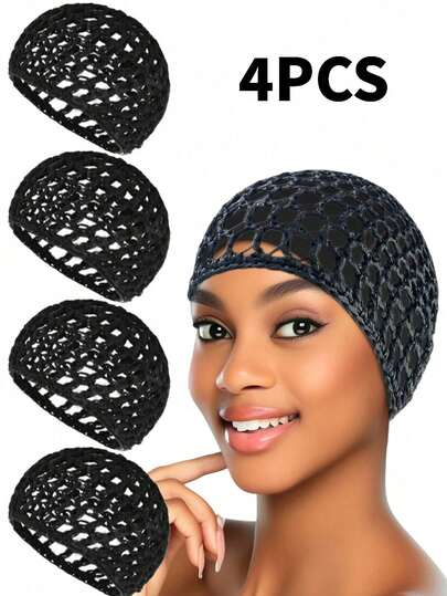 4pcs Black Mesh Hair Nets, Sleeping Hair Nets, Suitable For Wigs, Mesh Turban Caps, Crochet Wave Chef Hats, Bun Volumizing Caps, Suitable For Women Ballet Dancers Sleeping Caps