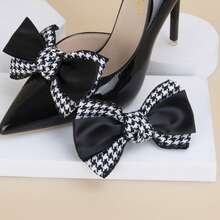 1 Pair Elegant Minimalist Black Houndstooth Pattern Black Stripe Detachable Shoe Clips, Suitable For Wedding, Party, High Heels - Black - View 2