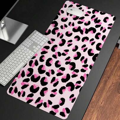 1pc Pink Leopard Print Large Gaming Mouse Pad With Stitched Edges, Extended Mousepad With Anti-Slip Rubber Base Desk Mat For Keyboard And Mouse
