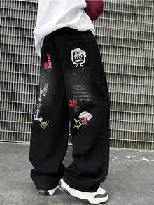 新款春秋季黑色卡通涂鸦中童牛仔裤宽松青少年男孩牛仔阔腿老爹裤 - 黑色 - 查看 3