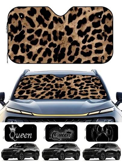 1pc Leopard Print Car Sun Shade, Front Windshield Sunshade, Keeps Car Interior Cool, Suitable For SUV And Sedan