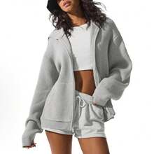 Alo Yoga Domain Rib Knit Full Zip Sweater - Premium Ribbed Knit Cardigan | Viral 2026 Women's Luxury Lounge Wear | Slim Fit Full-Zip Mock Neck Sweater | Comfortable Soft Daily Streetwear | Authentic Designer Knitwear Apparel - 淺灰色 - 查看 1