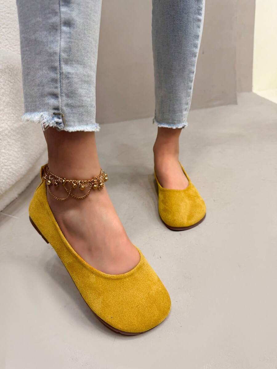 1 Đôi giày bệt đế mềm thoải mái mới, giày da lộn tối giản cổ thấp cho bé gái tuổi teen, giày cổ thấp màu vàng tươi tắn - gừng - Xem 1