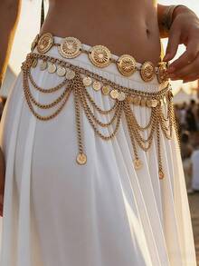 2 pièces Chaîne de taille style bohème vintage à plusieurs couches avec design de pétales de marguerite et pièces d'or, chaîne de taille sexy à franges arabes, convient pour la plage, les vacances, les fêtes, Halloween, le campus d'automne - Doré - Voir 3