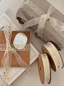 1/2 Roll 20 Yards Gold Foil Star Ribbon, Gift Wrapping Rope Ribbon, Birthday Wrapping, Handmade, Hairband, Party Decoration Gift, Gift Supplies, DIY Crafts Suitable For Birthday, Wedding, Graduation, Christmas, New Year, Mother's Day - View 1