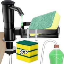 水龙头式皂液器收纳架，带海绵架和2个挂钩，包含3块海绵、可沥水厨房水槽收纳架、百洁布和洗碗刷，易于安装在水龙头上，是完美的厨房清洁配件。 - A - 查看 2