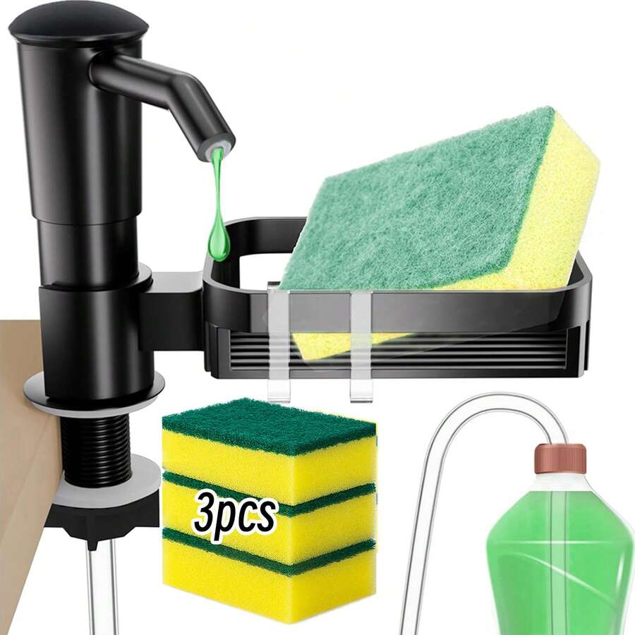 水龙头式皂液器收纳架，带海绵架和2个挂钩，包含3块海绵、可沥水厨房水槽收纳架、百洁布和洗碗刷，易于安装在水龙头上，是完美的厨房清洁配件。